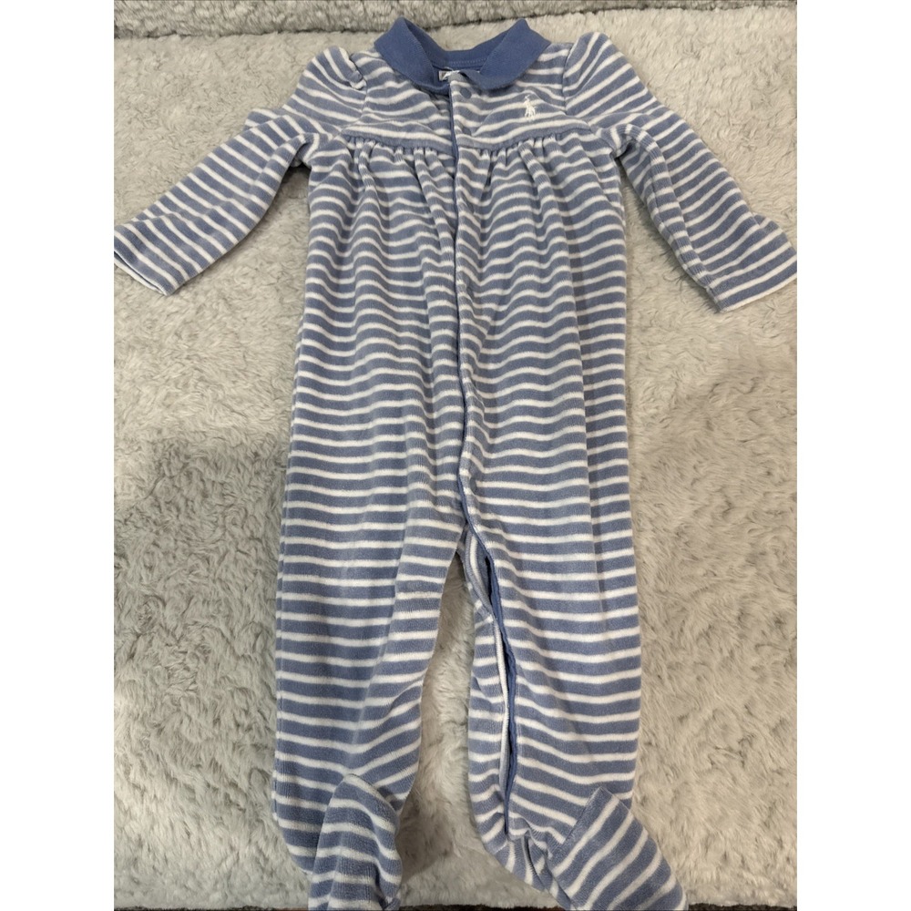 EUC Polo Ralph Lauren Blue & White Striped Velour Footie Size 6M Perfect Cond